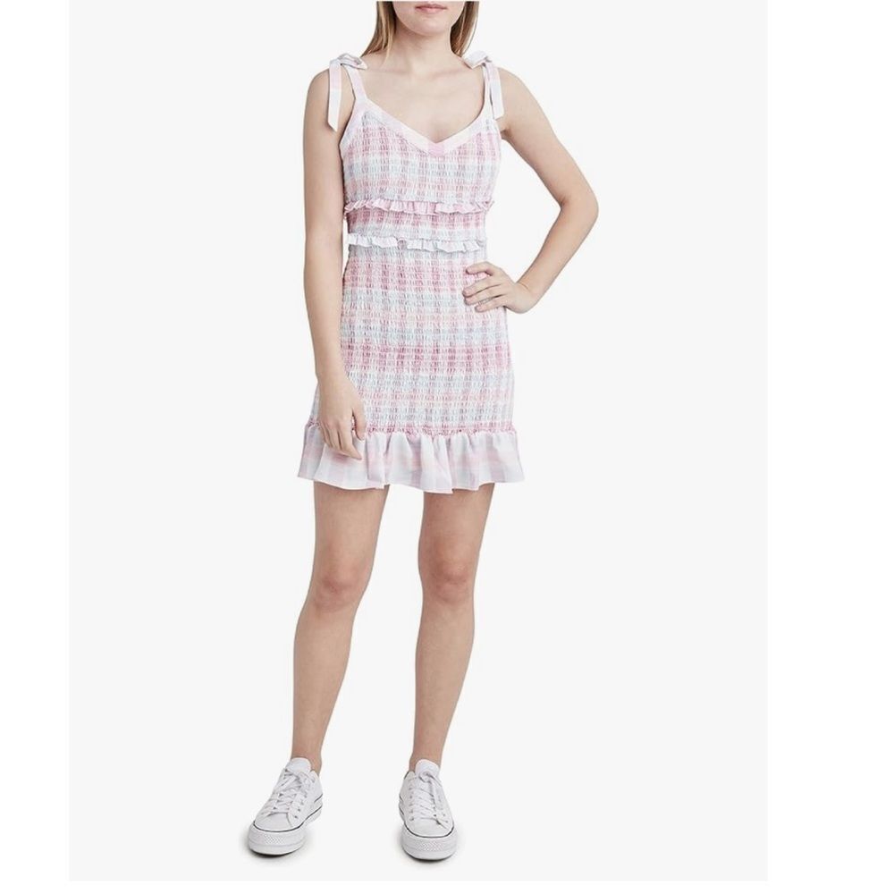 BCBGeneration Smocked Mini Dress Madras Print Tie Strap Summer